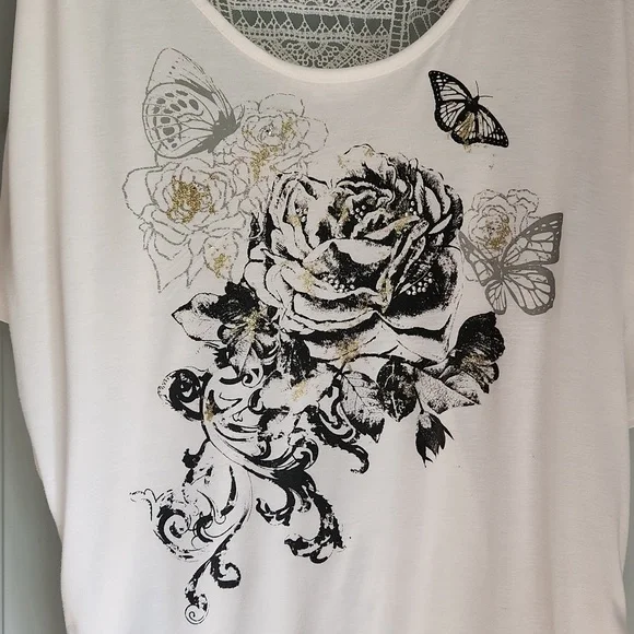 Lavaral Reves, Woman's,One Size, White  Floal& Butterfly Design, Lace inser Back - Picture 2 of 10
